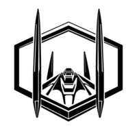 Geometric Black and White Emblem Futuristic Spaceship within a Hexagonal Frame, Abstract and Minimalist, Emblematic Style. vector