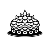 Elegant, BlackandWhite Illustration of a Layered, Ornate Cake with Floral and Geometric Decorative Elements, Set Against a Clean White Background. vector