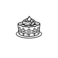 An ornate, whimsical black and white illustration of a round cake adorned with swirled frosting, set on a matching plate. vector