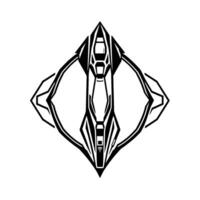 Symmetric, Futuristic Spaceship with Geometric, Black and White Details and a DiamondShaped Overlay on a White Background. vector