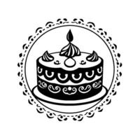 Elegant Black and White Illustration of a Tiered Cake with Candle, Decorative Elements, and Ornate Circle Frame. vector