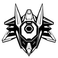 Bold, black and white stylized illustration of a futuristic robotic face with sharp angles, hexagonal features and symmetrical composition. vector
