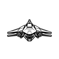 Futuristic Spaceship Illustration A symmetrical, minimalist black and white drawing of a modern spacecraft with distinctive engine pods, and triangular fuselage. vector