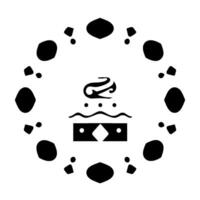 Abstract black and white of a stylized cakelike form at the center, circled by a series of irregular abstract shapes. vector