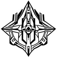 Geometric, symmetrical black and white abstract artwork featuring a diamond shape, mechanical elements, and central eyelike detail. vector