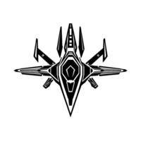 Symmetrical, Black White Geometric Spaceship with Angular Wings, Futuristic, Isolated on White, TopDown View. vector
