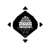 Elegant black and white illustration of a tiered cake with ornate frosting on a cake stand, surrounded by stylized diamond and arrow elements. vector