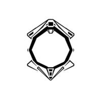 Geometric black and white featuring a futuristic octagonal frame, minimal style, sharp angles, central empty space, suitable for logos or elements. vector