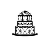 Elegant, layered threetier cake illustration with ornate geometric patterns, topped with frosting swirl and cherry, on a plate. vector