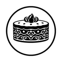 Elegant Black White Cake with intricate filigree within a circular frame, topped with fruit and a leaf. vector