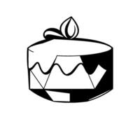 Black and white geometric illustration of a layered cake with wavy frosting and a leafshaped garnish on a clean white background. vector