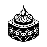 Black and white geometric cake illustration with ornate decorative patterns and swirlshaped frosting on top. vector