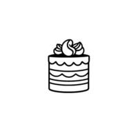 Minimalist Black and White Line Art Illustration of a Decorative Layered Cake with Whipped Cream and Leafy Elements on White Background. vector