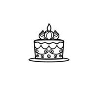 Minimalist black and white illustration of a layered cake with decorative frosting, a single flame candle on top, and a serving plate. vector