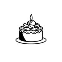A minimalist black and white line art illustration of a small round cake with decorative frosting and a single lit candle on a white background. vector