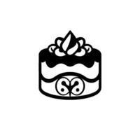 Black and white minimalist of a frosted cake, decorated with leaflike and swirl patterns, set against a stark white background. vector