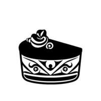 Stylized black and white illustration of a cake slice featuring intricate decorative elements and a whimsical topping, set against a blank white background. vector