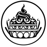 Ornate, Black and White Cake Illustration within a Circular Frame, Featuring Swirls, Eyes, and Decorative Details. vector