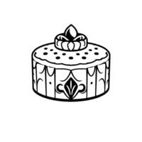 Detailed black and white line drawing of a round, ornate cake with a layered top, spotted icing, and elegant side panel details. vector
