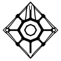 Symmetric, geometric black and white diamondshaped illustration with octagonal center, futuristic, tech, and robotic elements. vector