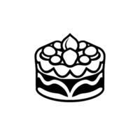 Stylized Black and White Cake Illustration Multilayered, Decorated Dessert with Fruit Topping on a White Background. vector