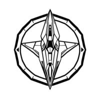 geometric black and white featuring an abstract starshaped emblem, inside a compasslike segmented circle with polygonal elements. vector