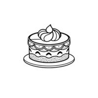 Isolated black and white illustration of a round layered cake with scalloped edges, topped with whipped cream, on a cake stand. vector