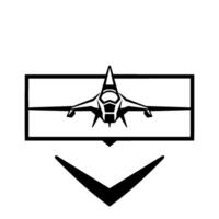 illustration of a modern fighter jet in a black and white minimalist style, framed with a box and pointing downward. vector