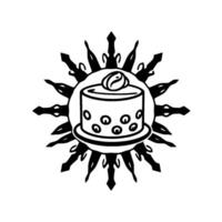 Black and white stylized image of a cake with coffee bean on top, surrounded by a sunburstlike ornamental . vector