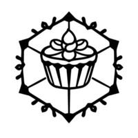 Elegant Black White Cupcake , Centered Within Ornate Hexagonal Frame, Illustrative Style on White Background. vector
