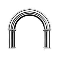 Architectural illustration featuring a symmetrical Roman archway with layered black lines forming the arch and supporting fluted columns, set against a stark white background. vector