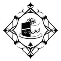 A black and white, symmetrical illustration of a dessert cake, inside an ornate frame. The cake has a sliced portion. vector
