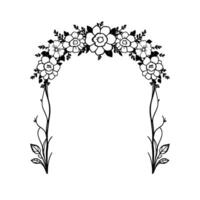 Elegant floral archway illustration featuring black and white flower and leaf details, perfect for wedding invitations or decorative designs, with a clean, minimal aesthetic. vector