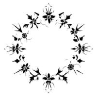 A symmetrical, monochrome floral wreath composed of stylized flowers and leaves arranged in a circular pattern on a white background. vector