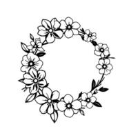 A delicate, intricate black and white illustration of a floral wreath comprised of stylized blossoms and leaves, forming a circular frame. vector