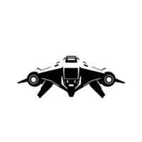 illustration of a symmetrical, futuristic spacecraft in black and white, featuring circular engine details and wings against a clean backdrop. vector