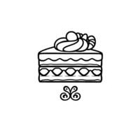 Monochrome, detailed illustration of a slice of layered cake topped with swirls and a decorative symbol below, on a minimalist white background. vector
