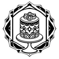 Intricate black and white emblem featuring a layered, decorated cake atop a pedestal, within a geometric, ornate frame. vector