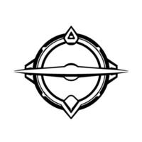 Modern, minimalist black and white geometric compass with a circle, crossbar, and angular elements, evoking direction. vector