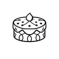 A minimalist black and white illustration of a round cake with droplet topper and decorative frosting and side details. vector