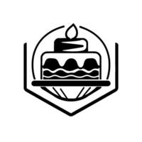 Black and white stylized birthday cake with a lit candle, placed on a plate within a geometric shieldlike . vector
