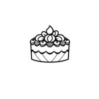 Simple, illustrative, black and white outline of a fancy birthday cake, decorated with round, spherical, and teardrop decorations, set on a white background. vector