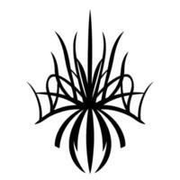 Symmetrical black florallike with sharp, elongated elements, delicate swirls and a radial pattern set against a white background. vector
