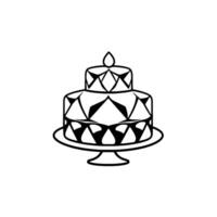 Elegant blackandwhite illustration of a twotiered cake on a stand, adorned with geometric decorative patterns and a single candle. vector