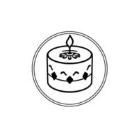Circular Black and White Illustration of a Decorated Cylinder Candle, with a Flame, Geometric Pattern, and Floral Top within a Decorative Circle. vector