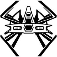 Futuristic symmetrical black and white geometric illustration of a drone or spacecraft, with sharp angles and a clean , isolated on a white background. vector