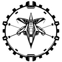 Stylized Black and White SciFi Spaceship Inside a Cogwheel Symbol, Starlike Composition, Futuristic . vector