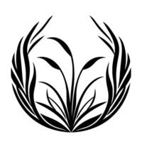 A symmetrical, stylized black and white illustration of grass and leaf shapes forming a circular pattern, suggestive of growth. vector