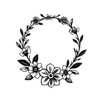Intricate black and white floral wreath illustration with various flower types, arranged in a symmetrical circular frame, offering a clean, elegant aesthetic. vector