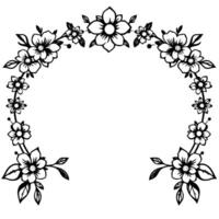Elegant floral arch in black and white, featuring detailed blossoms, leaves, and intricate patterns, creating a graceful, symmetrical frame. vector